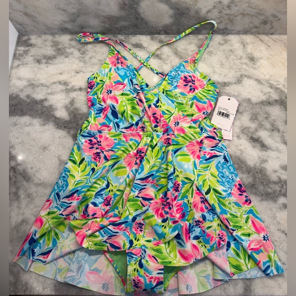 BNWT Stella Parker Tropical Waterlily Ruffle Swim Dress Tummy Toner Cover Up S